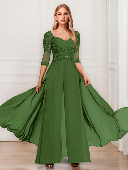 Tailleur-Pantalon en Mousseline à Col en V et Manches Mi-Longues Pour Mère de la Mariée avec Appliques