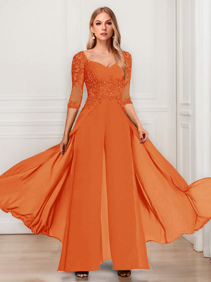 Tailleur-Pantalon en Mousseline à Col en V et Manches Mi-Longues Pour Mère de la Mariée avec Appliques