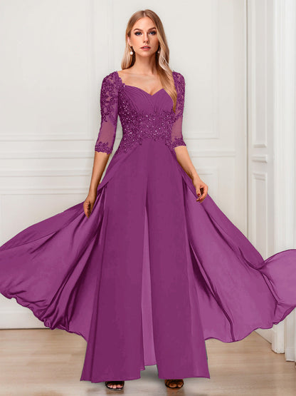 Tailleur-Pantalon en Mousseline à Col en V et Manches Mi-Longues Pour Mère de la Mariée avec Appliques