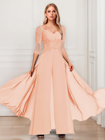 Tailleur-Pantalon en Mousseline à Col en V et Manches Mi-Longues Pour Mère de la Mariée avec Appliques