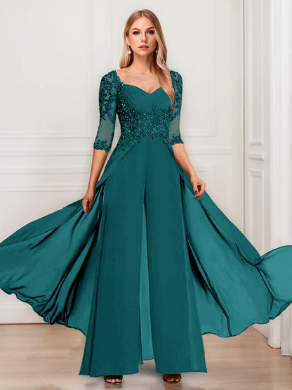 Tailleur-Pantalon en Mousseline à Col en V et Manches Mi-Longues Pour Mère de la Mariée avec Appliques