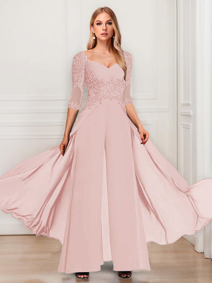 Tailleur-Pantalon en Mousseline à Col en V et Manches Mi-Longues Pour Mère de la Mariée avec Appliques