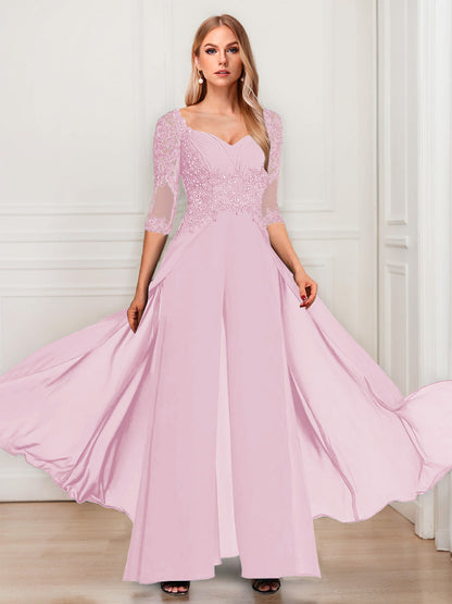 Tailleur-Pantalon en Mousseline à Col en V et Manches Mi-Longues Pour Mère de la Mariée avec Appliques