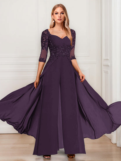 Tailleur-Pantalon en Mousseline à Col en V et Manches Mi-Longues Pour Mère de la Mariée avec Appliques