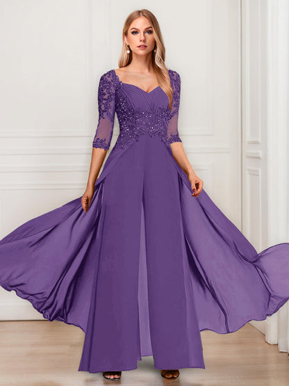 Tailleur-Pantalon en Mousseline à Col en V et Manches Mi-Longues Pour Mère de la Mariée avec Appliques