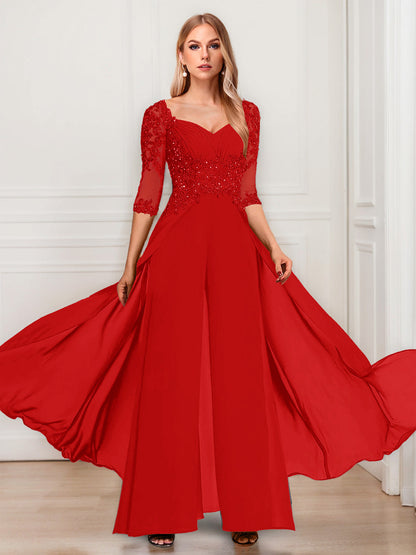 Tailleur-Pantalon en Mousseline à Col en V et Manches Mi-Longues Pour Mère de la Mariée avec Appliques