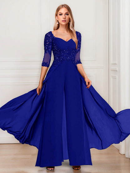 Tailleur-Pantalon en Mousseline à Col en V et Manches Mi-Longues Pour Mère de la Mariée avec Appliques