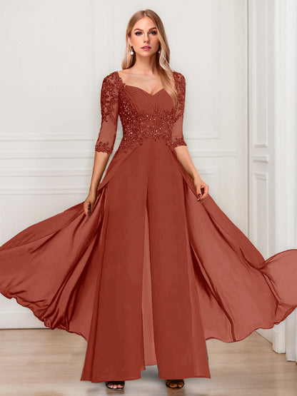 Tailleur-Pantalon en Mousseline à Col en V et Manches Mi-Longues Pour Mère de la Mariée avec Appliques