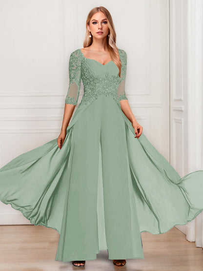 Tailleur-Pantalon en Mousseline à Col en V et Manches Mi-Longues Pour Mère de la Mariée avec Appliques