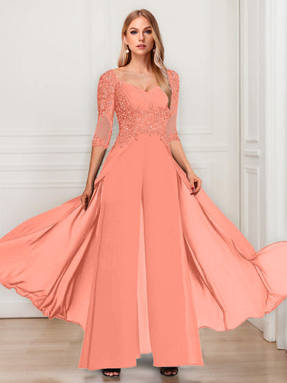 Tailleur-Pantalon en Mousseline à Col en V et Manches Mi-Longues Pour Mère de la Mariée avec Appliques