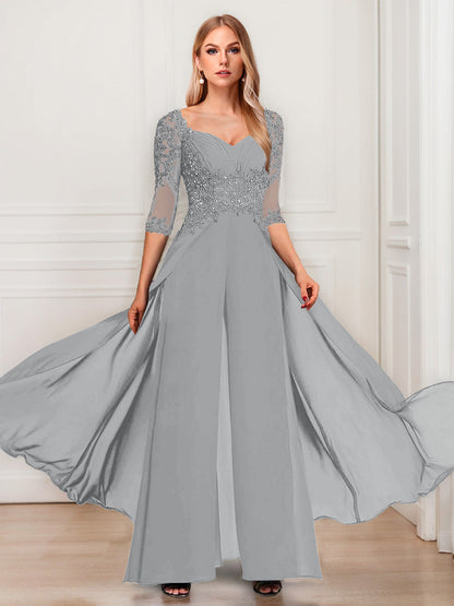Tailleur-Pantalon en Mousseline à Col en V et Manches Mi-Longues Pour Mère de la Mariée avec Appliques