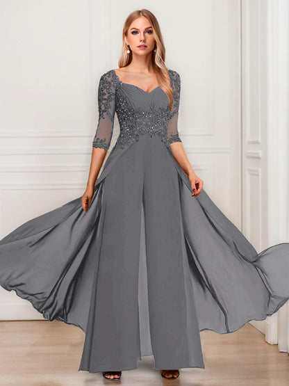 Tailleur-Pantalon en Mousseline à Col en V et Manches Mi-Longues Pour Mère de la Mariée avec Appliques