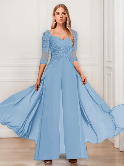 Tailleur-Pantalon en Mousseline à Col en V et Manches Mi-Longues Pour Mère de la Mariée avec Appliques