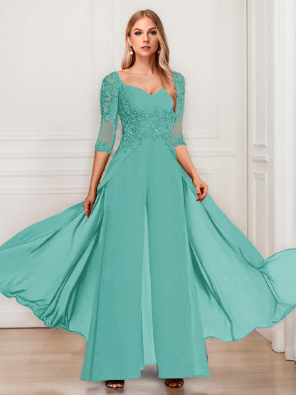 Tailleur-Pantalon en Mousseline à Col en V et Manches Mi-Longues Pour Mère de la Mariée avec Appliques