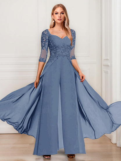 Tailleur-Pantalon en Mousseline à Col en V et Manches Mi-Longues Pour Mère de la Mariée avec Appliques