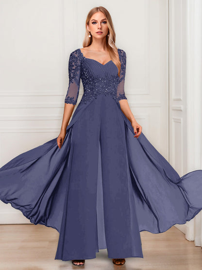 Tailleur-Pantalon en Mousseline à Col en V et Manches Mi-Longues Pour Mère de la Mariée avec Appliques