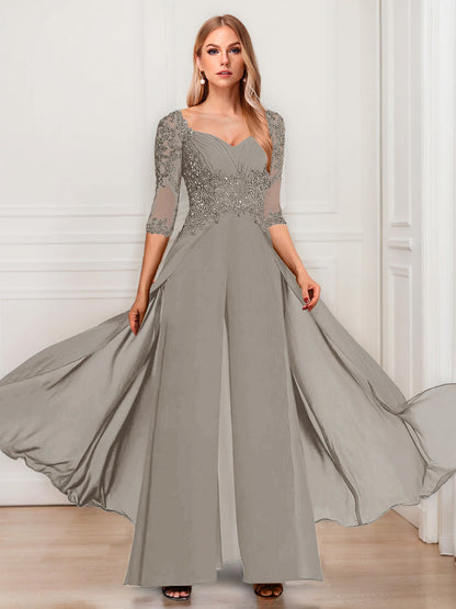Tailleur-Pantalon en Mousseline à Col en V et Manches Mi-Longues Pour Mère de la Mariée avec Appliques