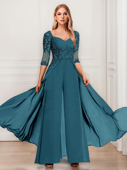 Tailleur-Pantalon en Mousseline à Col en V et Manches Mi-Longues Pour Mère de la Mariée avec Appliques