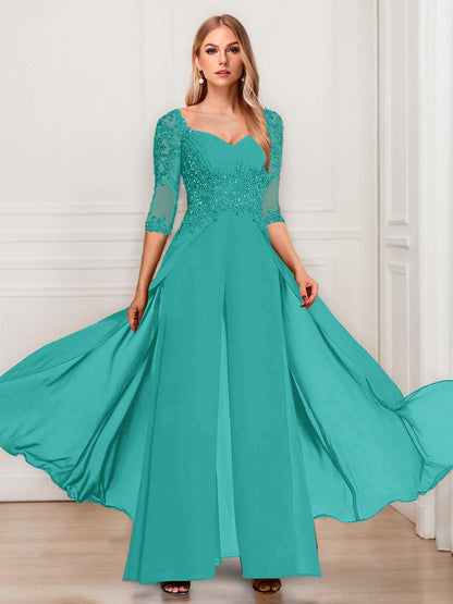 Tailleur-Pantalon en Mousseline à Col en V et Manches Mi-Longues Pour Mère de la Mariée avec Appliques