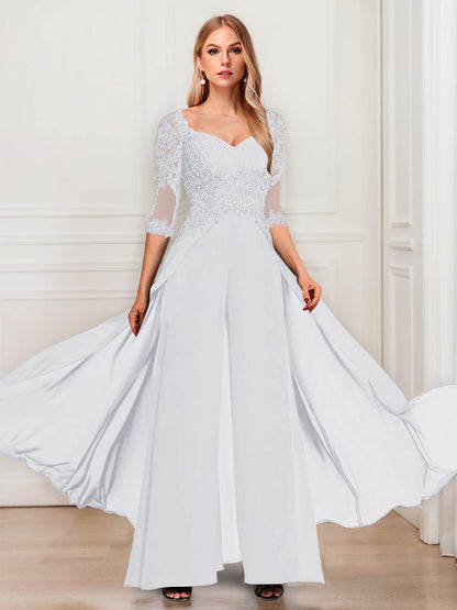 Tailleur-Pantalon en Mousseline à Col en V et Manches Mi-Longues Pour Mère de la Mariée avec Appliques