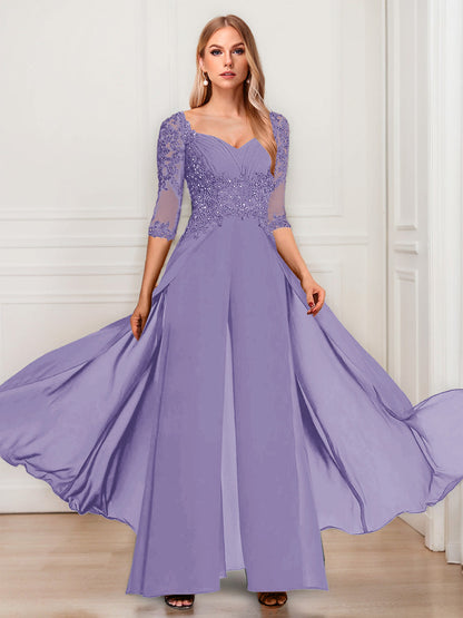 Tailleur-Pantalon en Mousseline à Col en V et Manches Mi-Longues Pour Mère de la Mariée avec Appliques