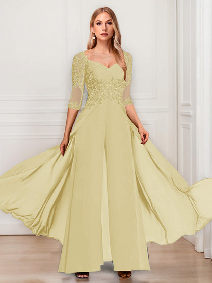 Tailleur-Pantalon en Mousseline à Col en V et Manches Mi-Longues Pour Mère de la Mariée avec Appliques
