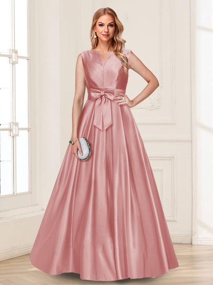 Robe de Mère de la Mariée Coupe A-Line/Princesse, Col en V, Sans Manches avec Nœud