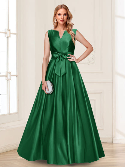 Robe de Mère de la Mariée Coupe A-Line/Princesse, Col en V, Sans Manches avec Nœud