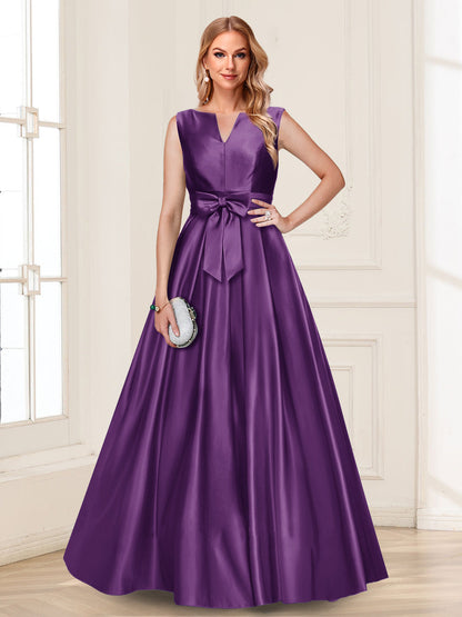 Robe de Mère de la Mariée Coupe A-Line/Princesse, Col en V, Sans Manches avec Nœud