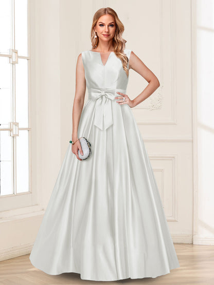 Robe de Mère de la Mariée Coupe A-Line/Princesse, Col en V, Sans Manches avec Nœud