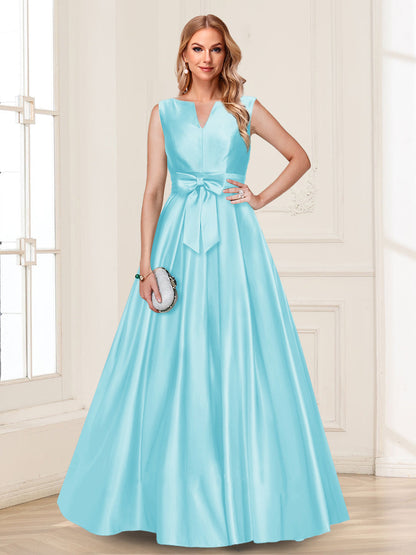 Robe de Mère de la Mariée Coupe A-Line/Princesse, Col en V, Sans Manches avec Nœud