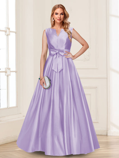 Robe de Mère de la Mariée Coupe A-Line/Princesse, Col en V, Sans Manches avec Nœud