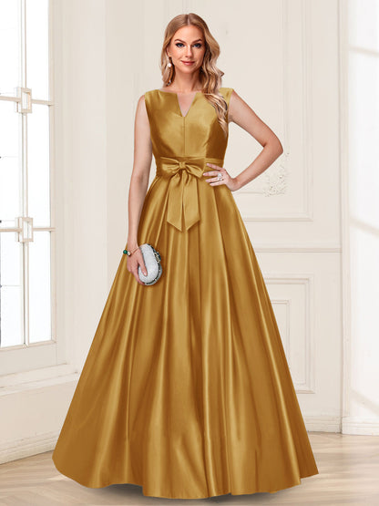 Robe de Mère de la Mariée Coupe A-Line/Princesse, Col en V, Sans Manches avec Nœud
