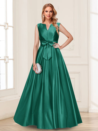 Robe de Mère de la Mariée Coupe A-Line/Princesse, Col en V, Sans Manches avec Nœud