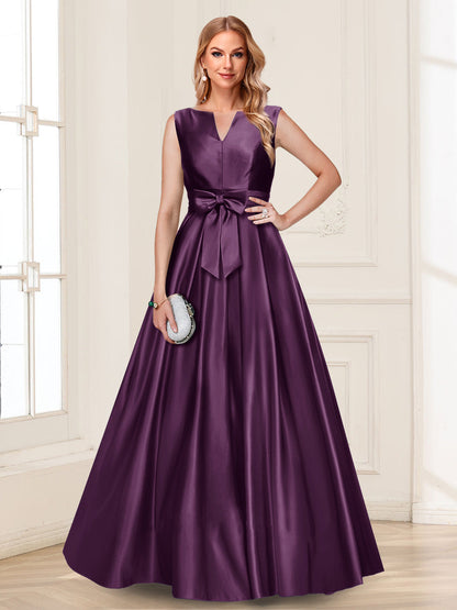 Robe de Mère de la Mariée Coupe A-Line/Princesse, Col en V, Sans Manches avec Nœud