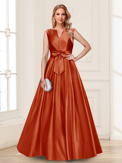 Robe de Mère de la Mariée Coupe A-Line/Princesse, Col en V, Sans Manches avec Nœud