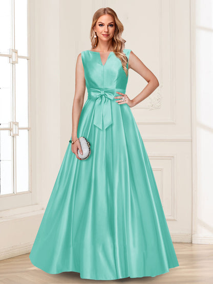 Robe de Mère de la Mariée Coupe A-Line/Princesse, Col en V, Sans Manches avec Nœud