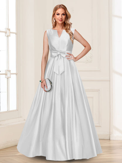 Robe de Mère de la Mariée Coupe A-Line/Princesse, Col en V, Sans Manches avec Nœud