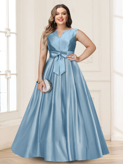Robe de Mère de la Mariée Grande Taille, Coupe Trapèze/Princesse, Col en V, Sans Manches avec Nœud