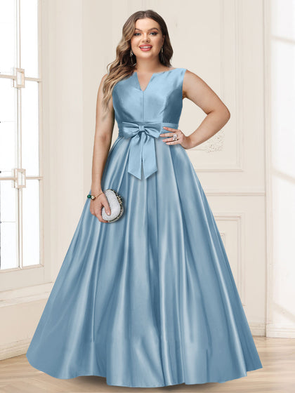 Robe de Mère de la Mariée Grande Taille, Coupe Trapèze/Princesse, Col en V, Sans Manches avec Nœud