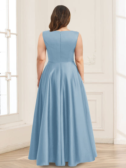 Robe de Mère de la Mariée Grande Taille, Coupe Trapèze/Princesse, Col en V, Sans Manches avec Nœud