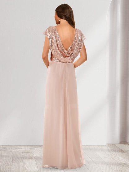 Robes de Demoiselled'Honneur à Paillettes, Coupe A-Line/Princesse, Manches Courtes et Décolleté Plongeant