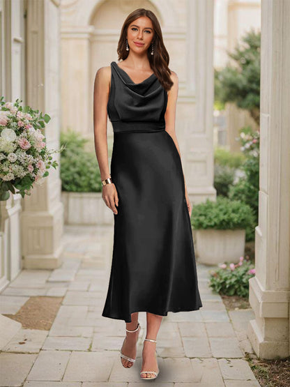 Robe de Demoiselled'Honneur Sirène/Trompette, Col Bénitier, Sans Manches, Longueur Thé, Froncée