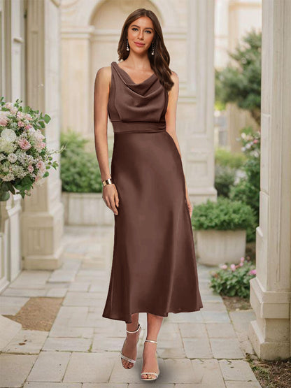 Robe de Demoiselled'Honneur Sirène/Trompette, Col Bénitier, Sans Manches, Longueur Thé, Froncée