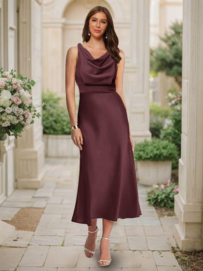 Robe de Demoiselled'Honneur Sirène/Trompette, Col Bénitier, Sans Manches, Longueur Thé, Froncée