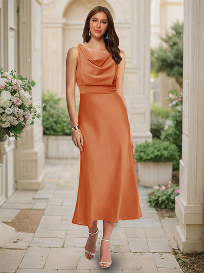 Robe de Demoiselled'Honneur Sirène/Trompette, Col Bénitier, Sans Manches, Longueur Thé, Froncée