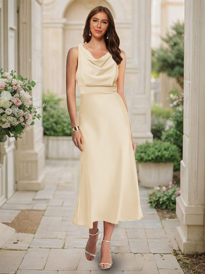 Robe de Demoiselled'Honneur Sirène/Trompette, Col Bénitier, Sans Manches, Longueur Thé, Froncée
