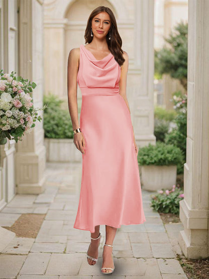 Robe de Demoiselled'Honneur Sirène/Trompette, Col Bénitier, Sans Manches, Longueur Thé, Froncée