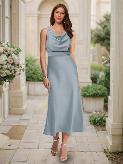 Robe de Demoiselled'Honneur Sirène/Trompette, Col Bénitier, Sans Manches, Longueur Thé, Froncée