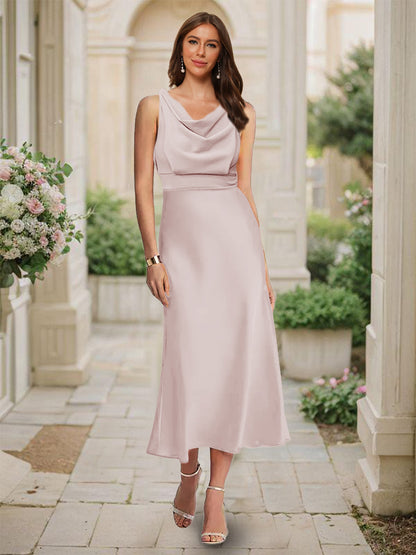 Robe de Demoiselled'Honneur Sirène/Trompette, Col Bénitier, Sans Manches, Longueur Thé, Froncée